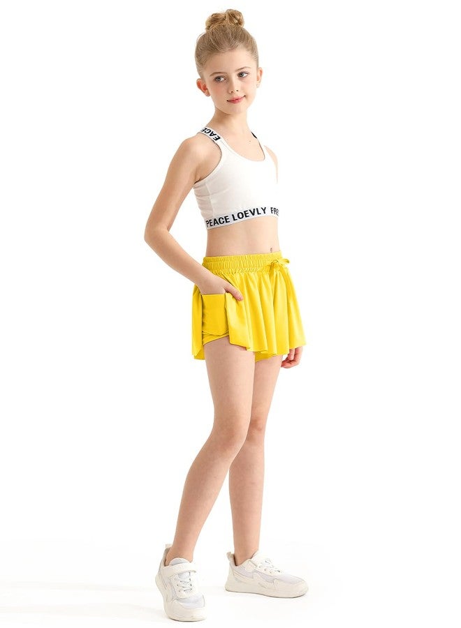 EQSJIU Girls Flowy Shorts,Youth/Toddler Butterfly Bright Yellow Shorts with Spandex Liner 2-in-1 for Running,Sports,Athletic,Fitness,Tennis 12-13 Years - Image 4